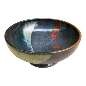 Artisan Hand-thrown Heavy Pedestal Pottery Bowl Drip Multicoloured Dish